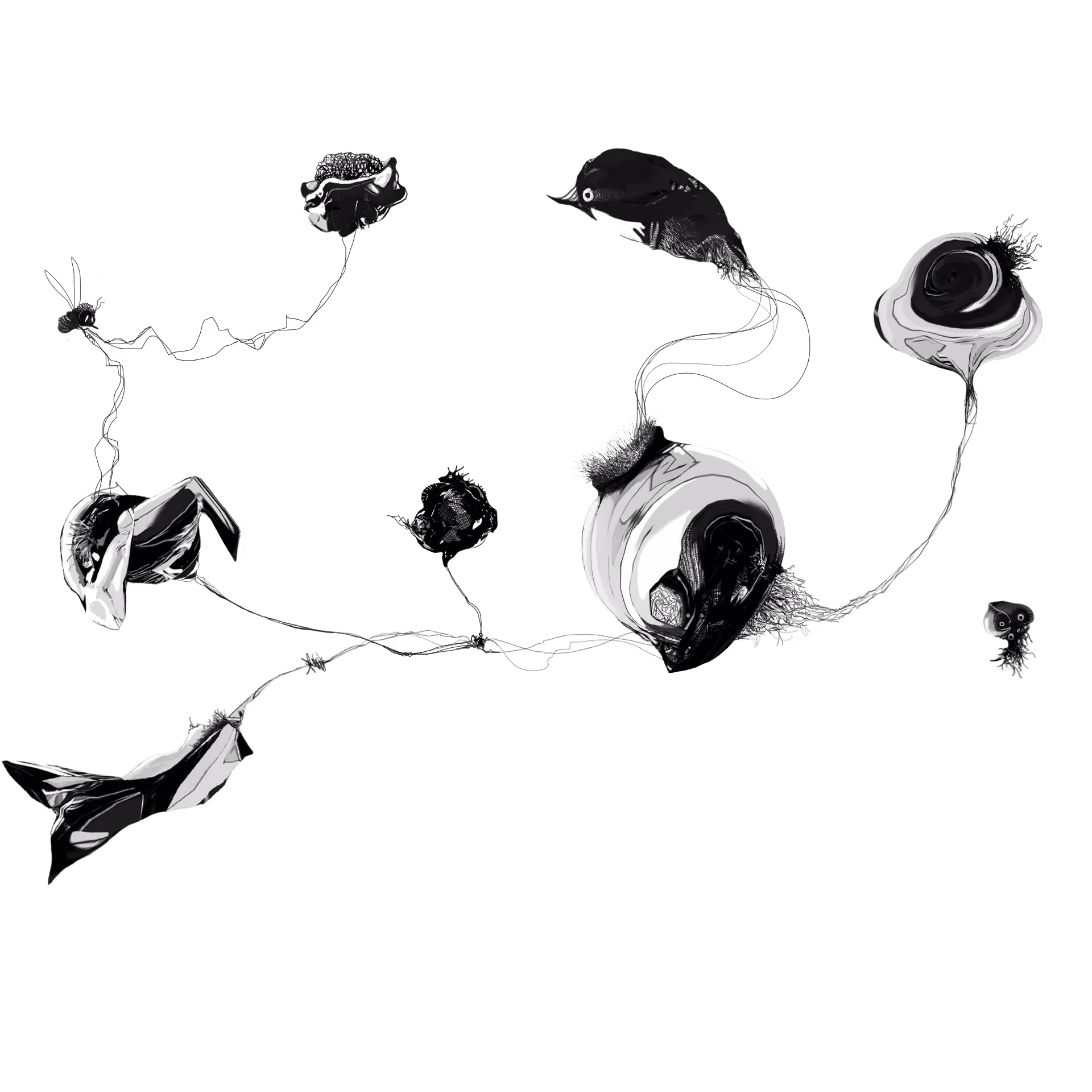 Black and white Elephone drawing featuring creatures to illustrate the field recordings section
