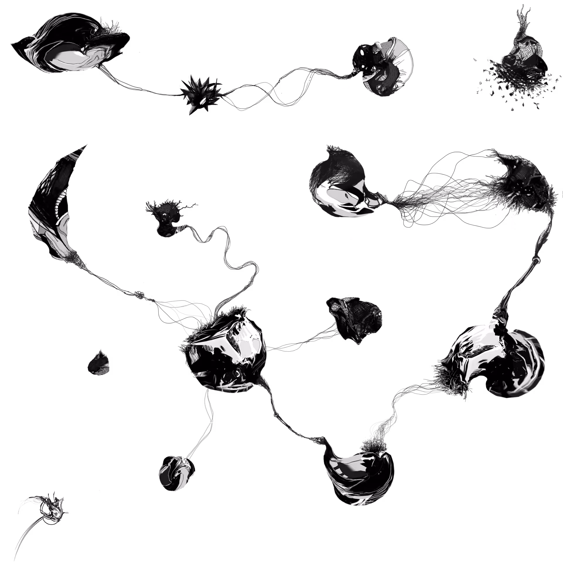 Black and white Elephone drawing featuring creatures to illustrate the experiments section