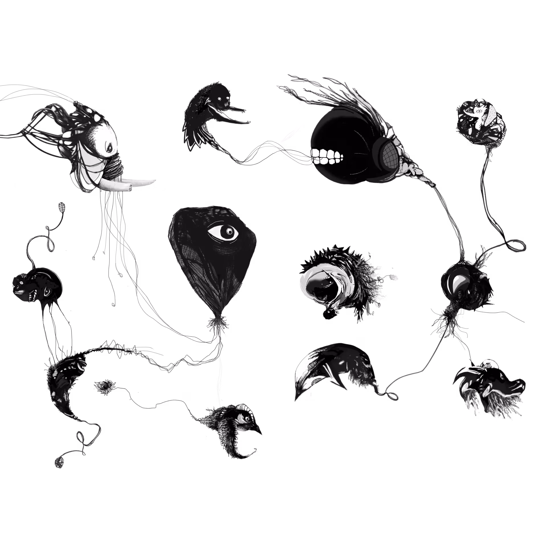 Black and white Elephone drawing featuring creatures to illustrate the albums section