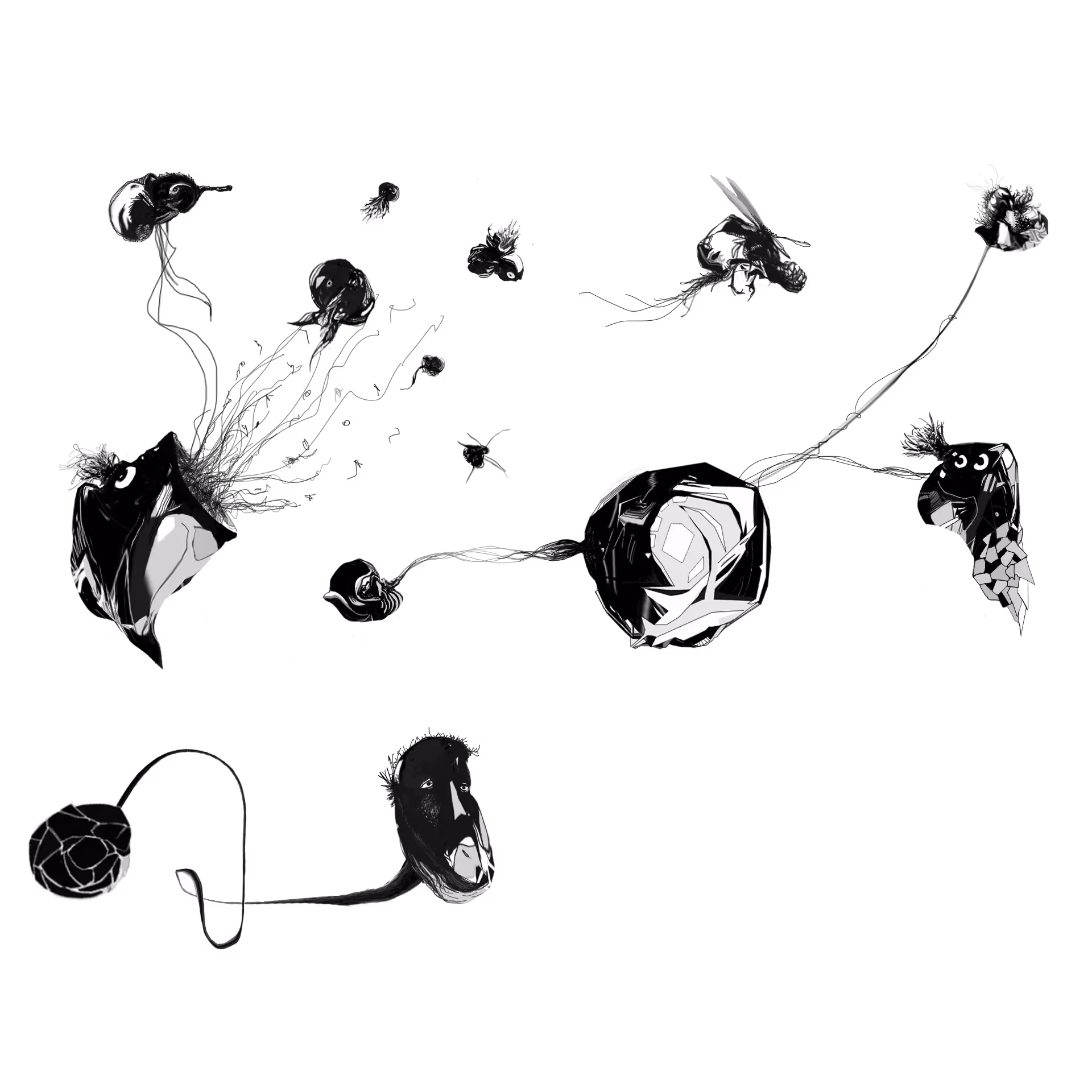 Black and white Elephone drawing featuring creatures to illustrate the collabs section